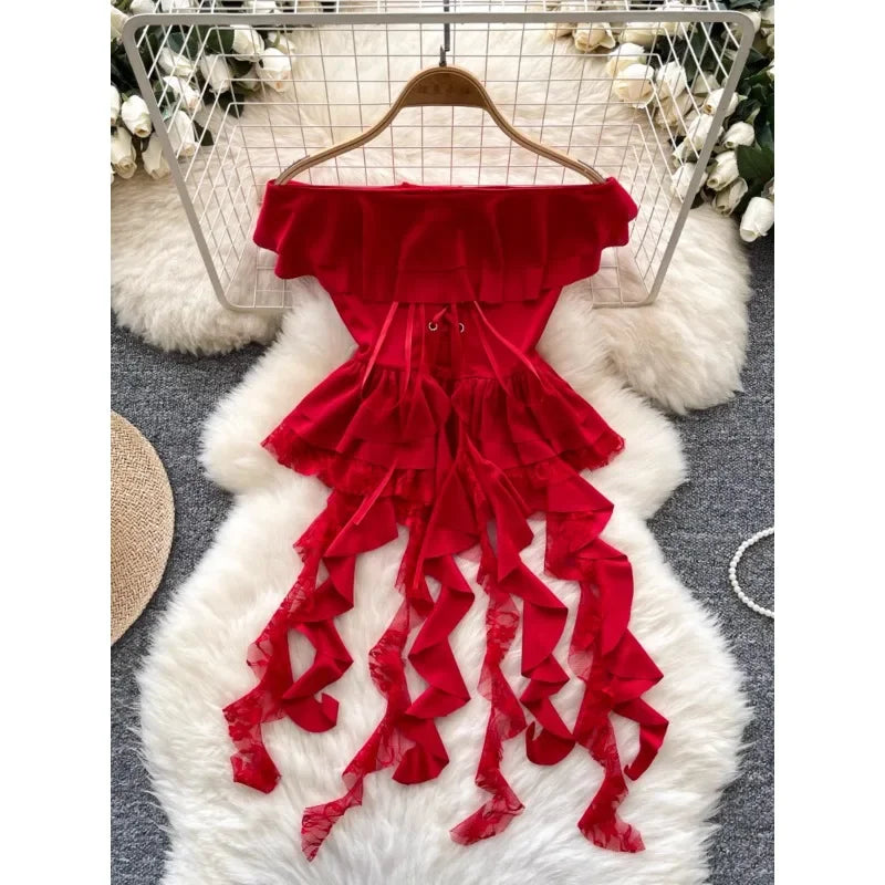 chinese dress ladies Valentina Red Lace Frill Detail Midi Dress | Dresses