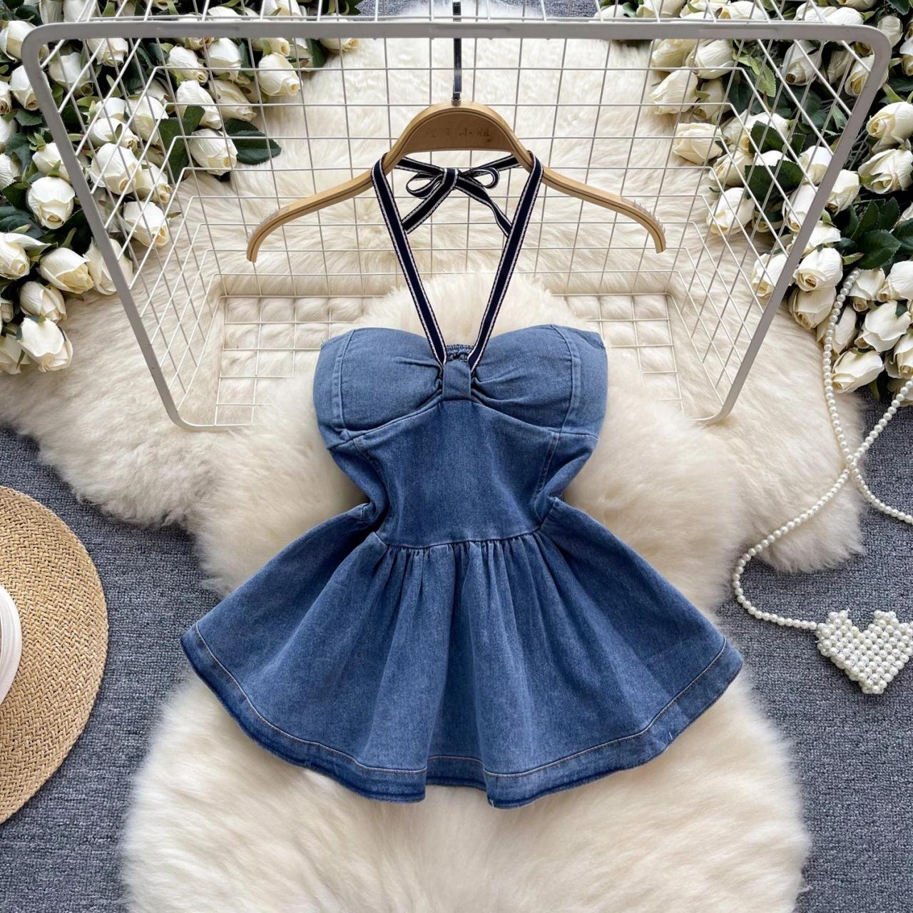 slim fit dress slacks Stretch Denim Halter Dress Medium / Medium Denim Blue main image 1