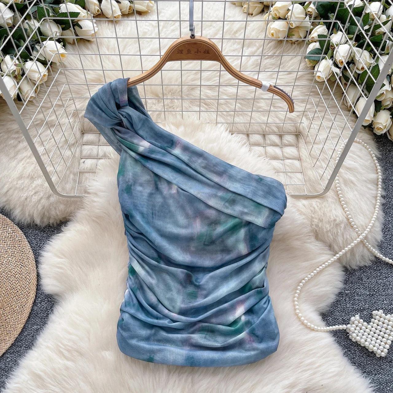 One-shoulder Blue Tie-dye Ruched Evening Dress