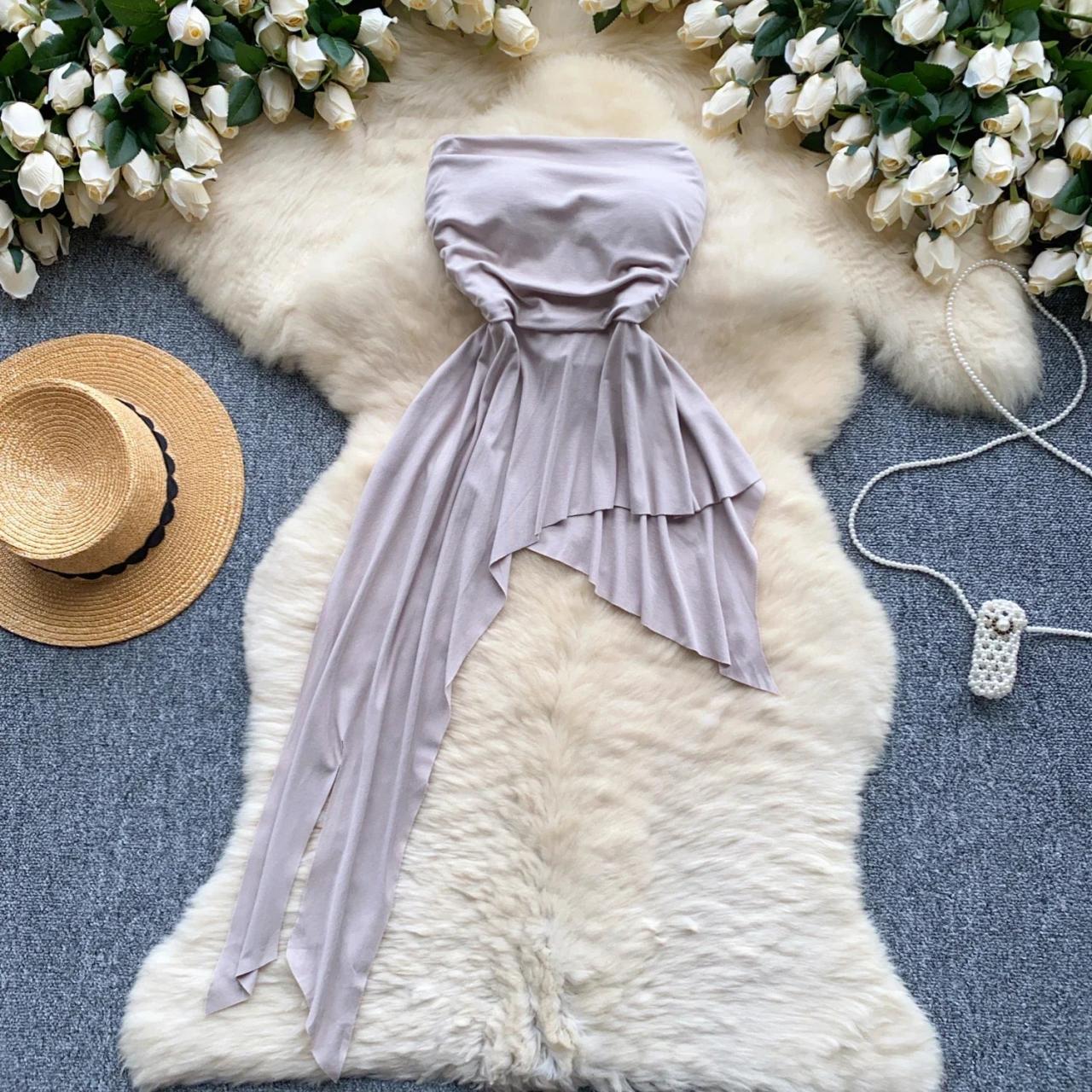 Strapless Lavender Flowy Scarf Belted Dress