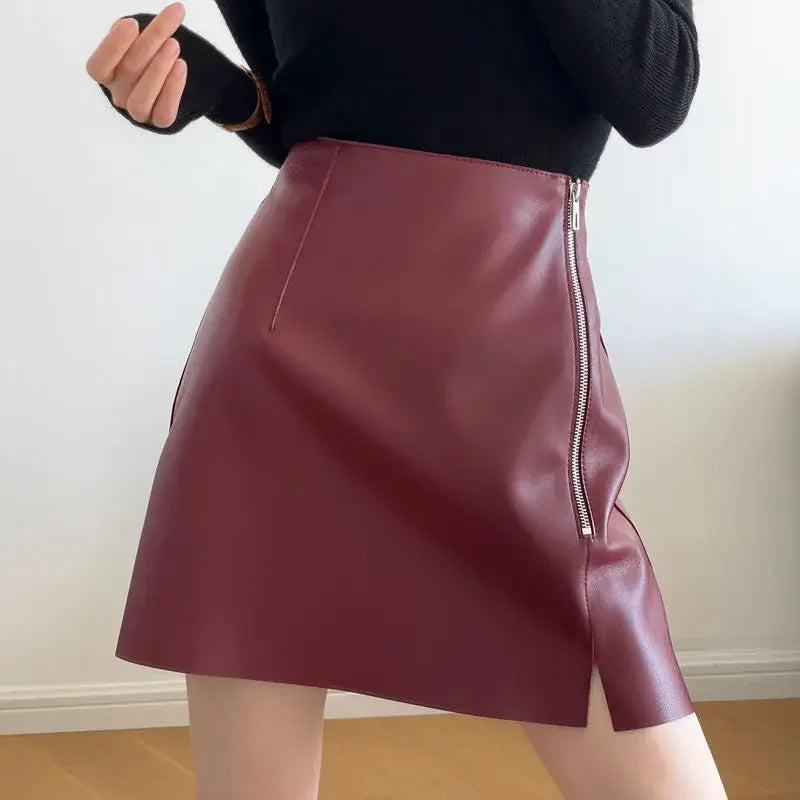 Burgundy Leather Mini Skirt With Zipper Detail