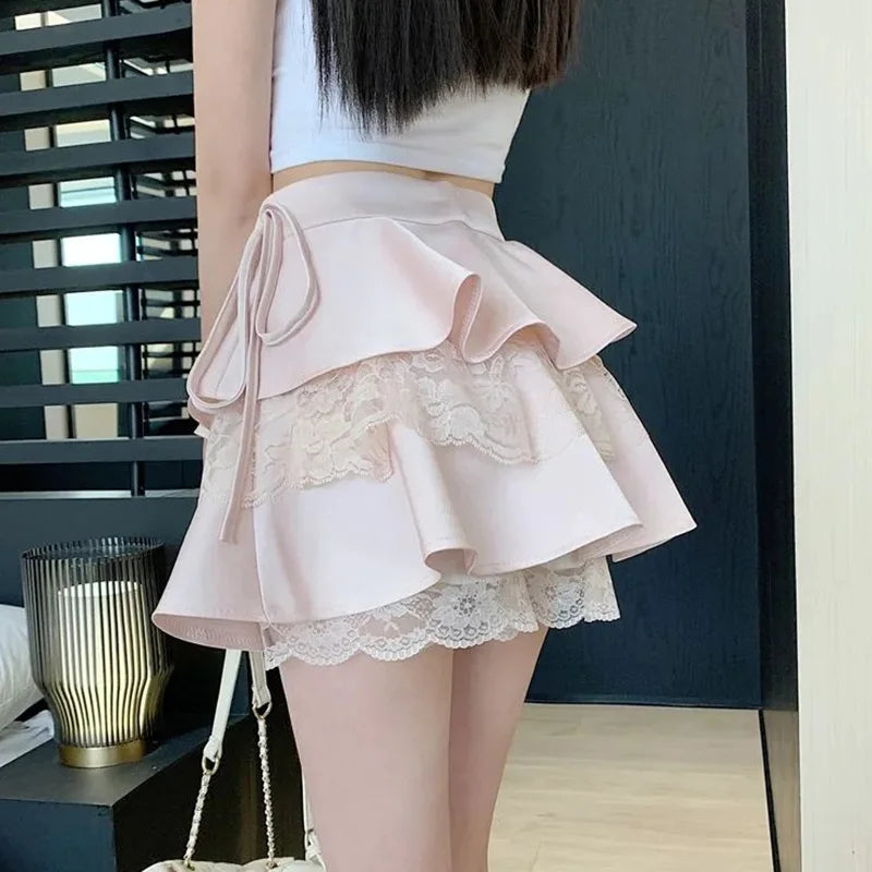 Ruffled Pink Skirt With Lace Layered Design on Luulla