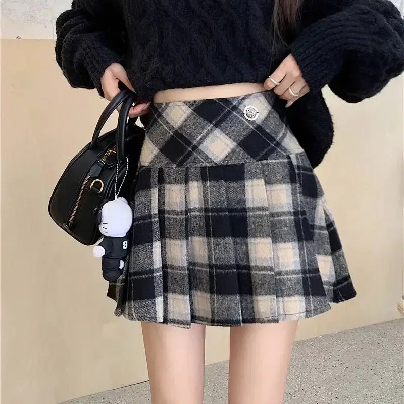 High-waist A-line Plaid Pleated Mini Skirt on Luulla