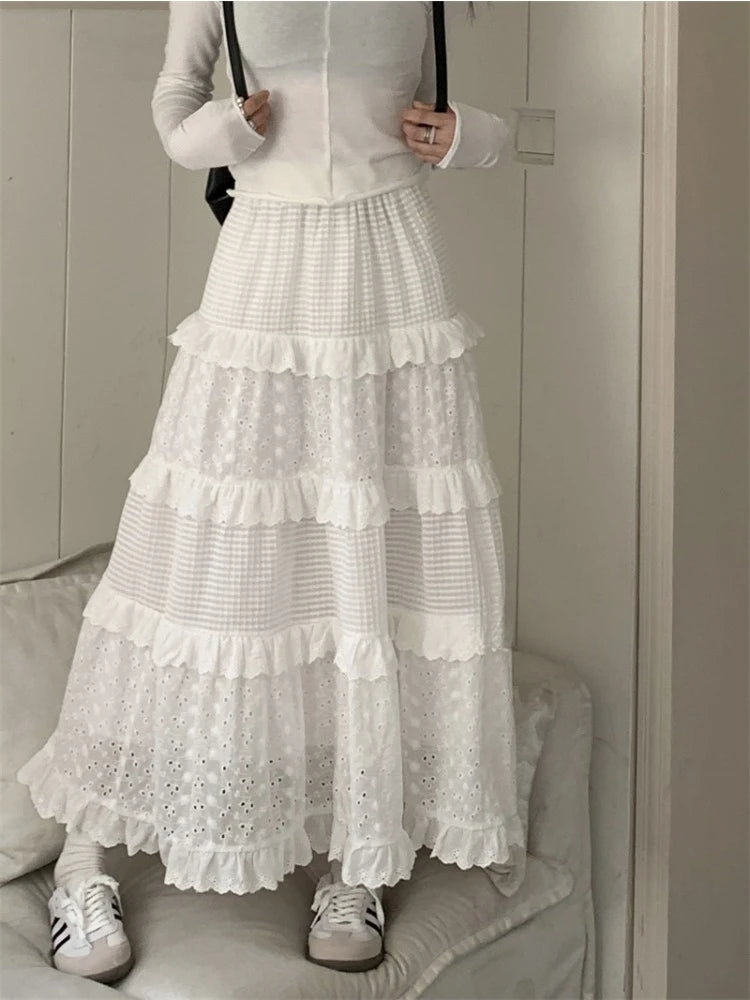 White Layered Lace Maxi Skirt with Ruffles