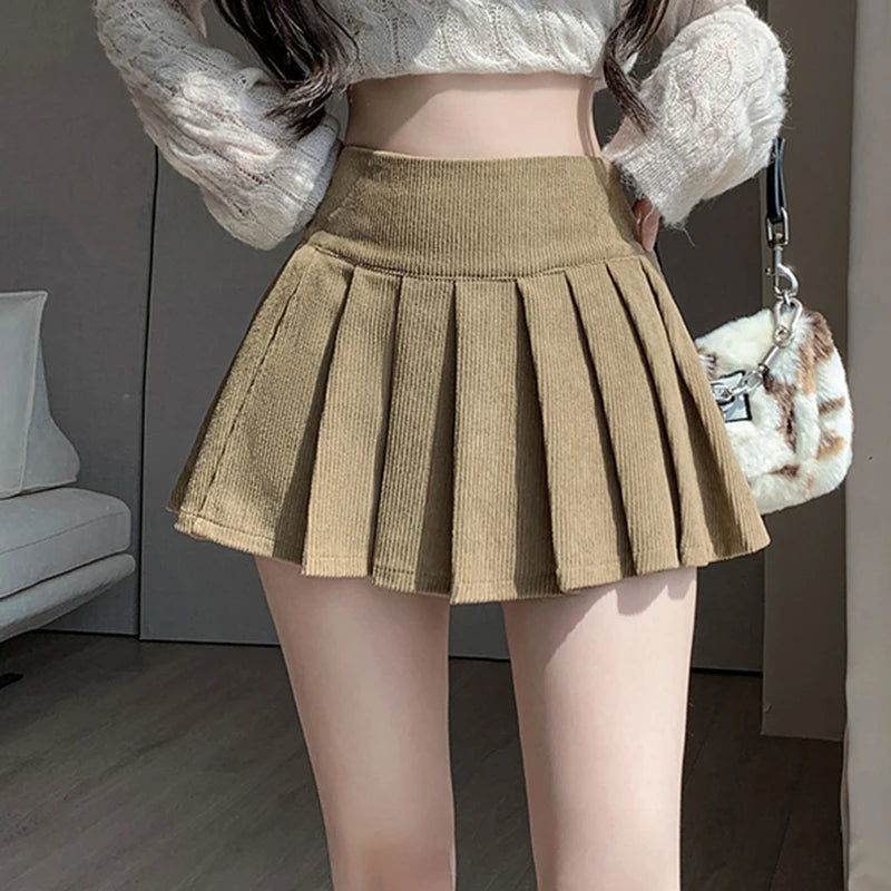 High-waisted Corduroy Pleated Mini Skirt For Women on Luulla