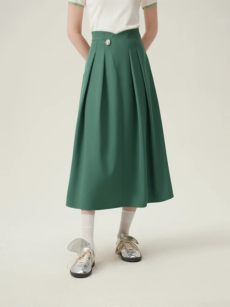 A-line Midi Skirt With Pleats And Button on Luulla