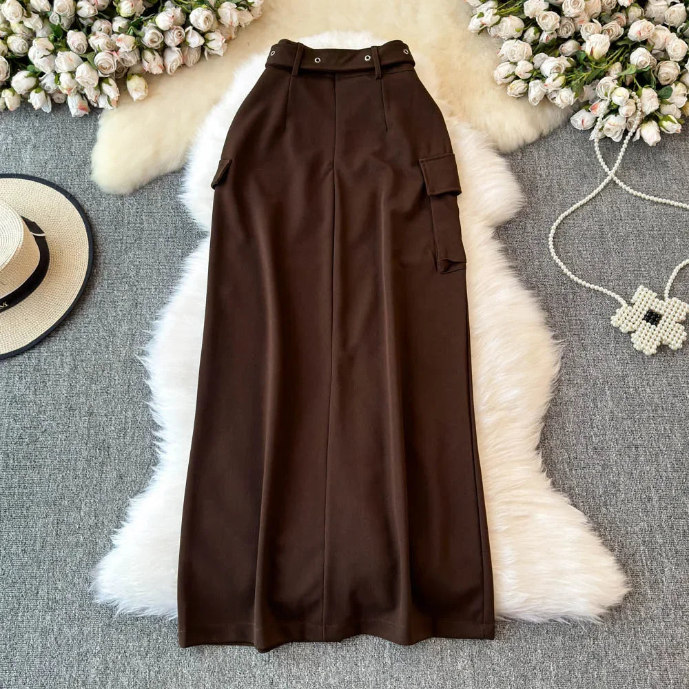 Brown High-waist Buttoned Split Midi Skirt on Luulla
