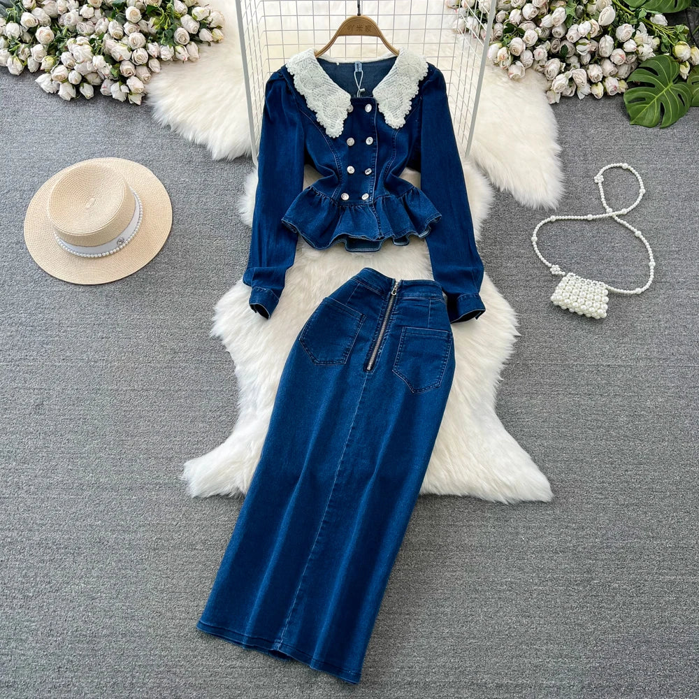 Vintage Denim Dress With Lace Collar, Buttons