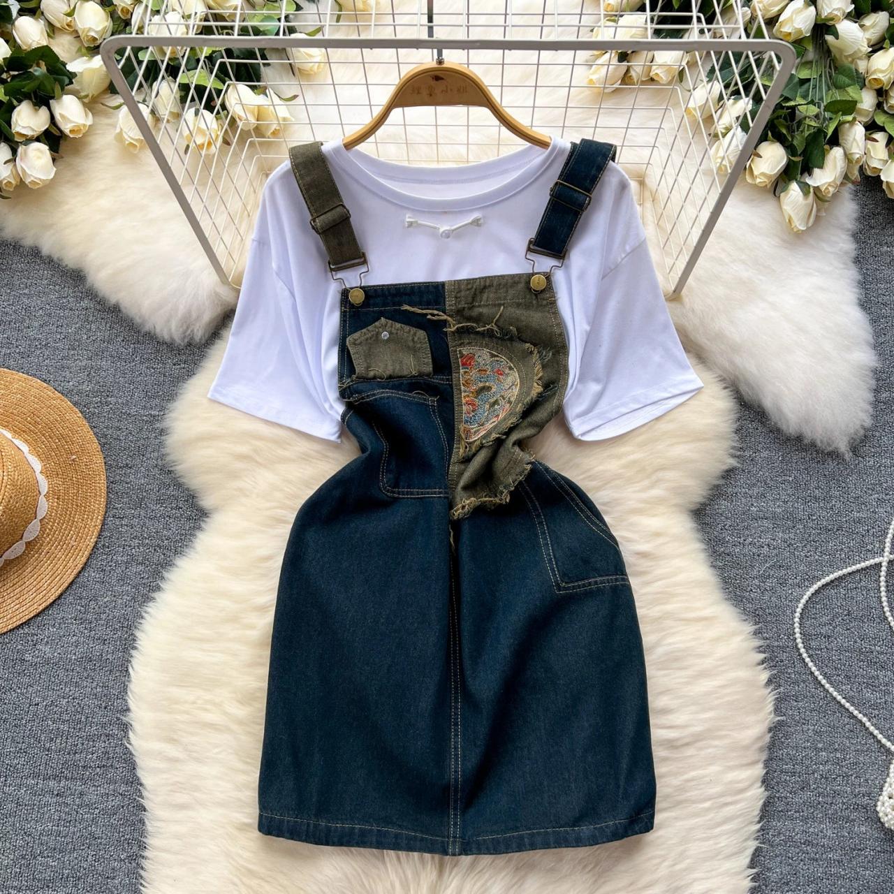 Vintage Patchwork Denim Overall Dress With