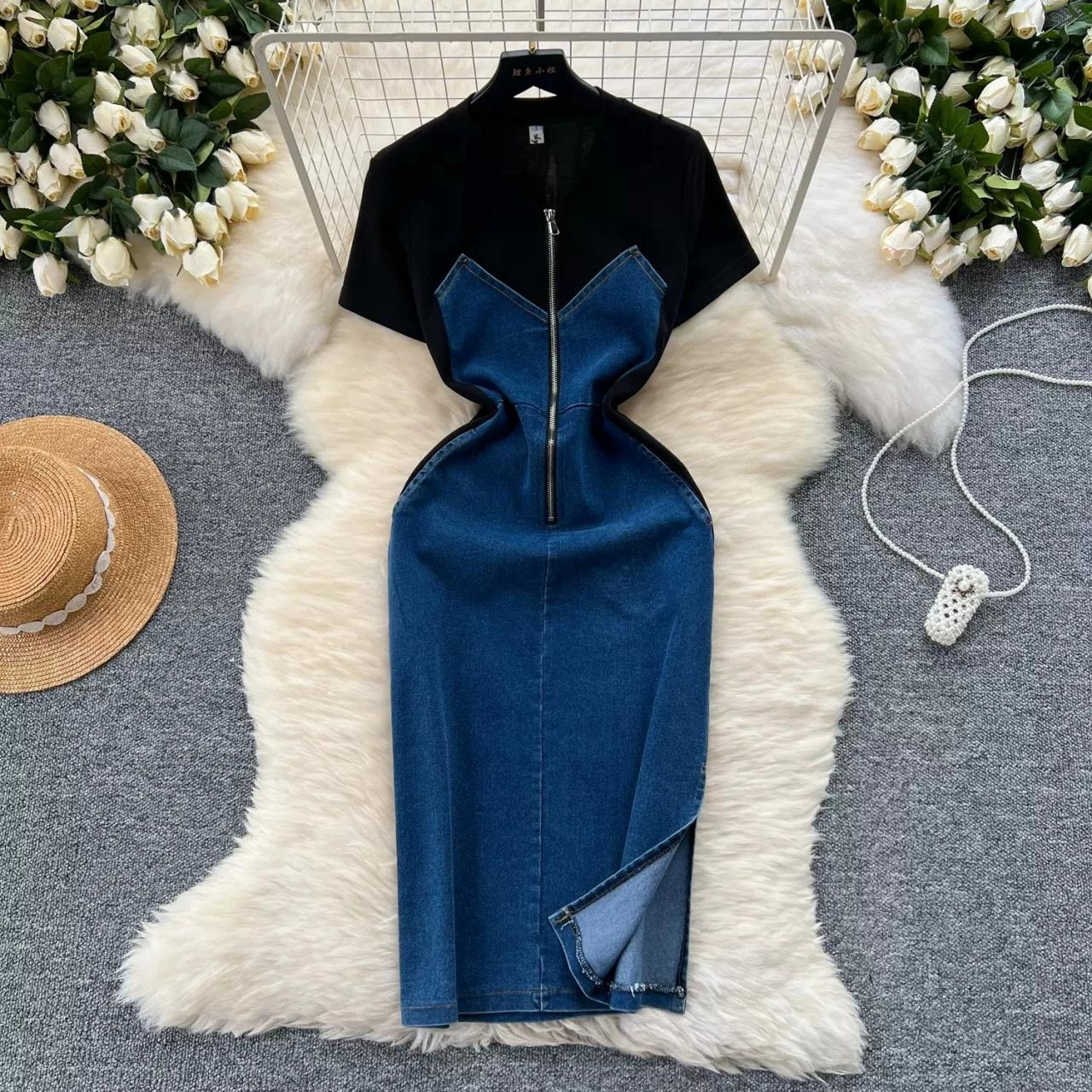 slim fit dress slacks Casual Black Denim Midi Dress with Side Cut Outs– PromGirl