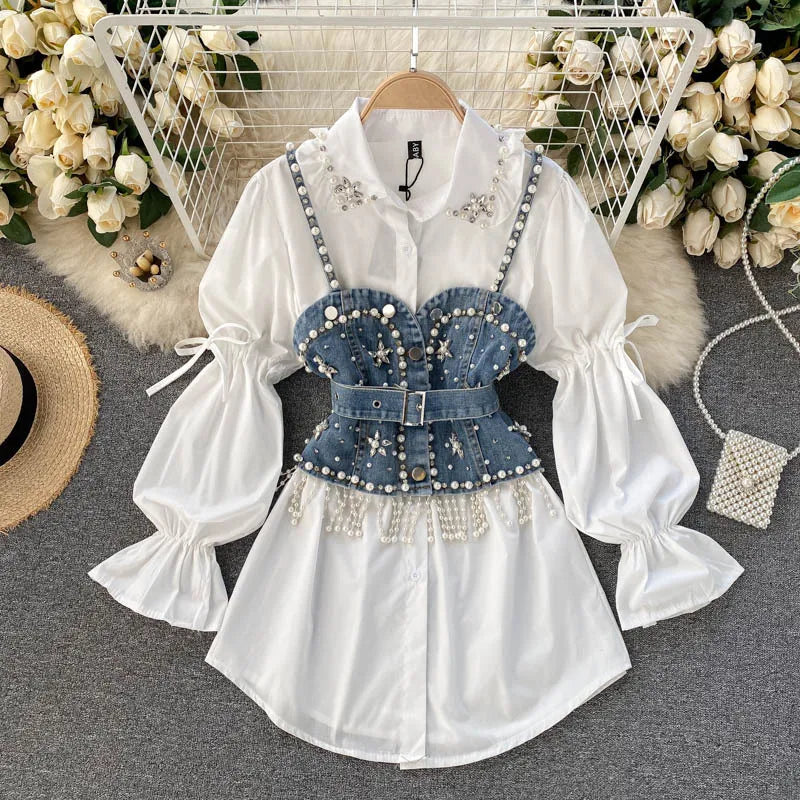 white shirt dress with denim corset Denim Corset Over White Shirt Outfit