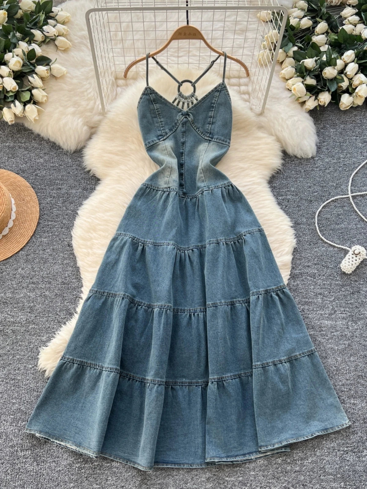 white christmas dresses Denim Strap Maxi Dress – Lost & Found main image 1