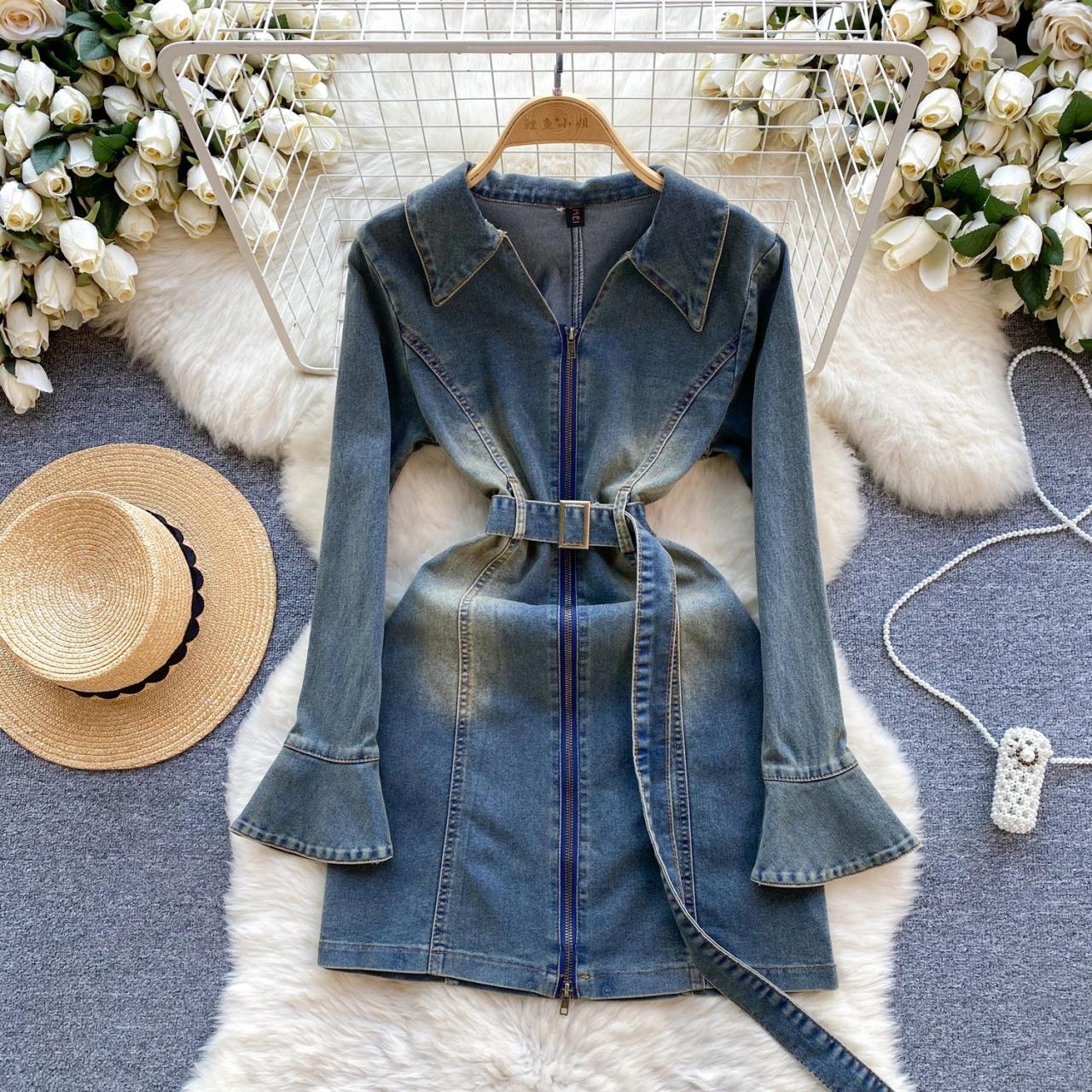slim fit dress slacks Denim Dreamer Bow Front Washed Dark Denim Dress Medium main image 0