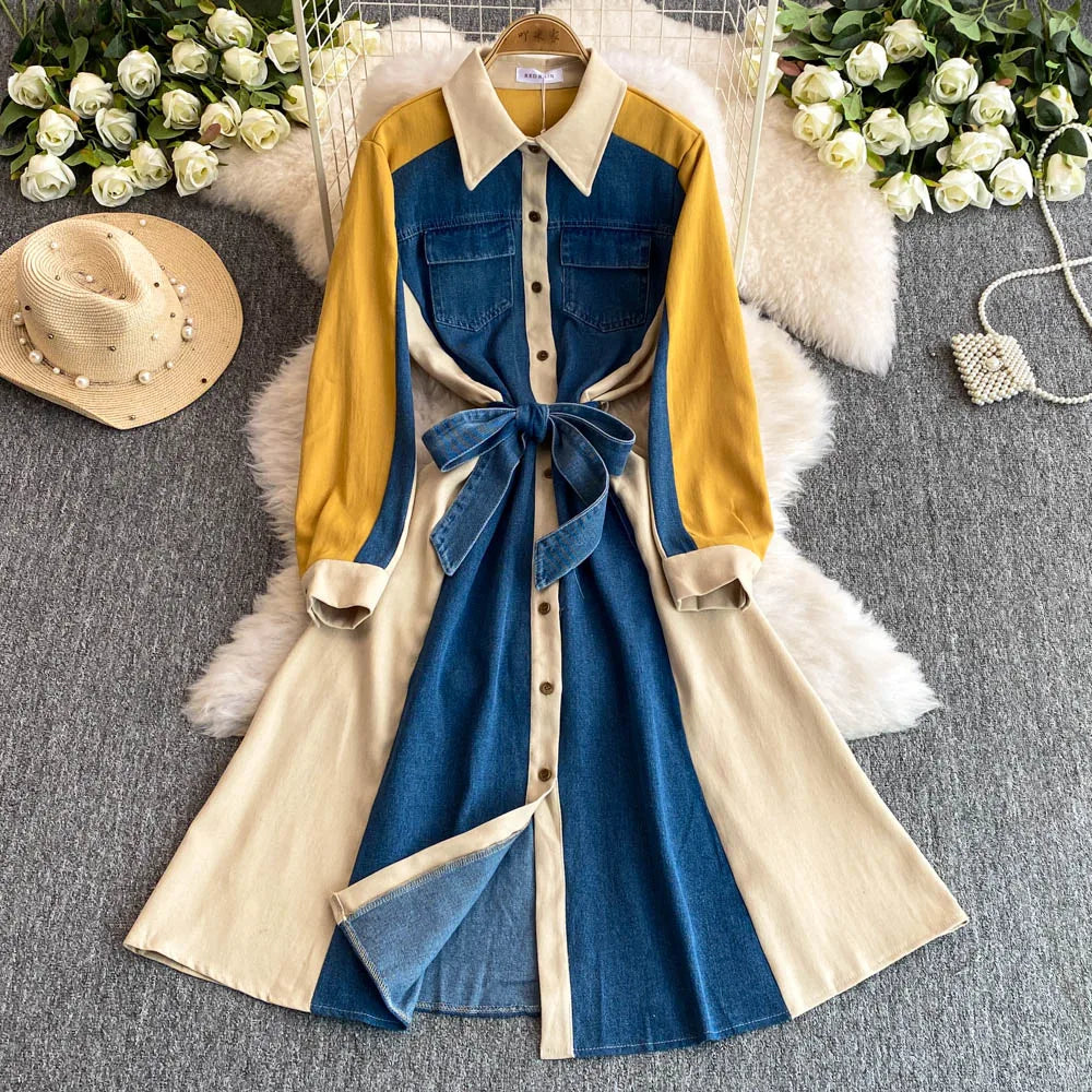 Vintage Colorblock Denim Belted Shirt Dress Chic