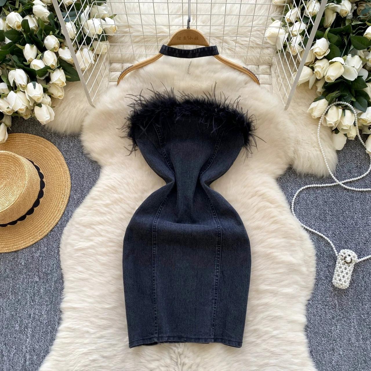denim feather dress Denim Feathers Mini Dress,wedding Guest Dress,plus Size Wedding Dress,kaftan  for Women ,alternative Wedding Dress,birthday Dress