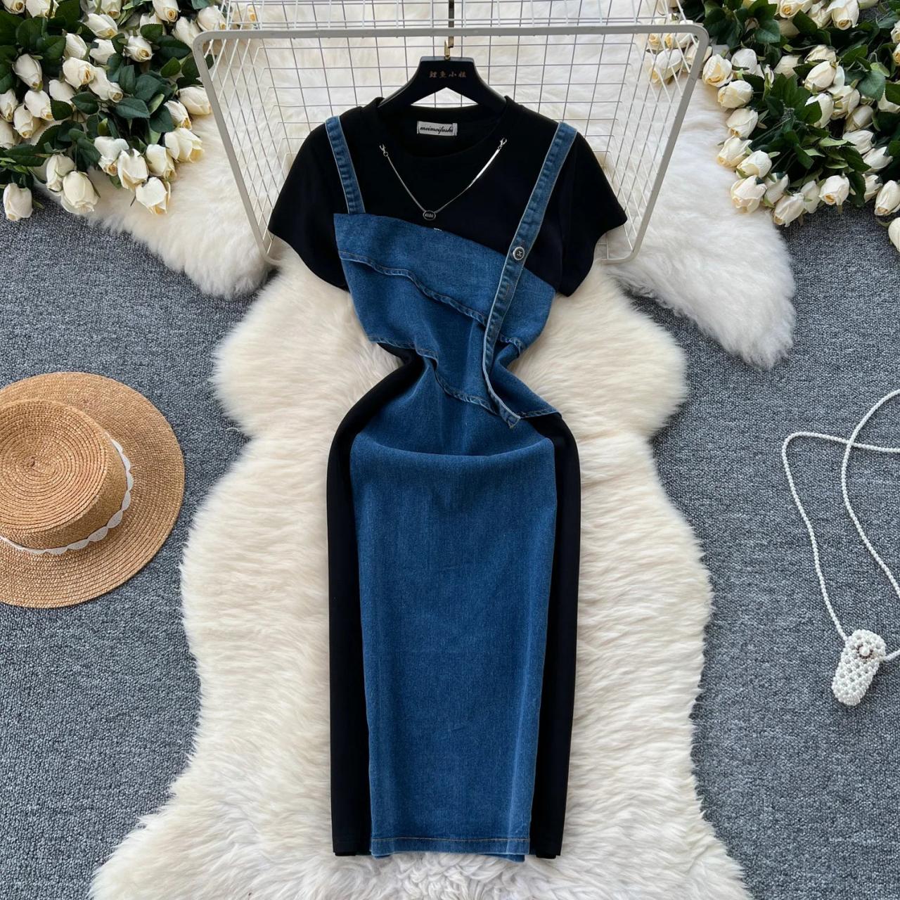 Denim And Black Contrast Bodycon Dress For Women