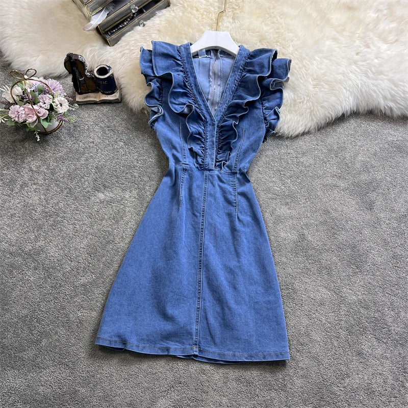 Denim Ruffle V-neck Sleeveless Midi Dress on Luulla