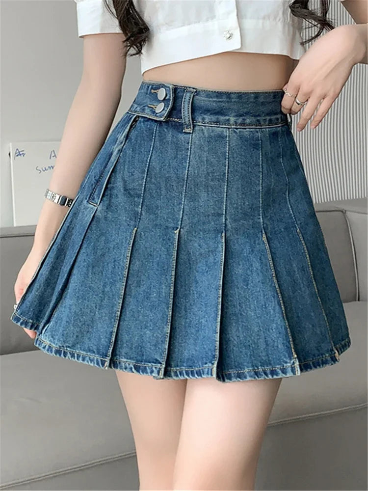 Clothes Pleated Skirts Knee Length Jean Womens High Waist Pleated