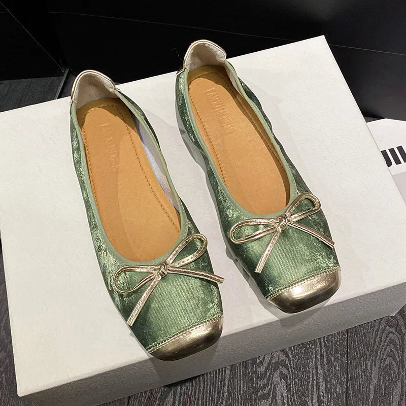 Green Satin Flats With Metallic Toe And Bow