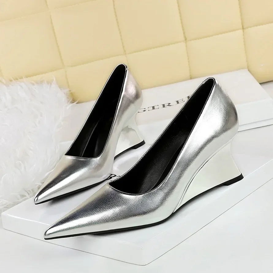 Silver Pointed Toe Wedge Heels For Women on Luulla, image size:891x891