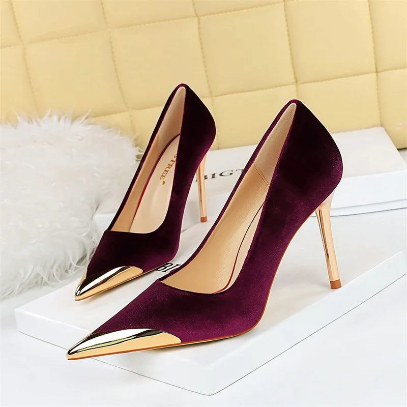Burgundy Velvet Gold-Tipped High Heel Pumps