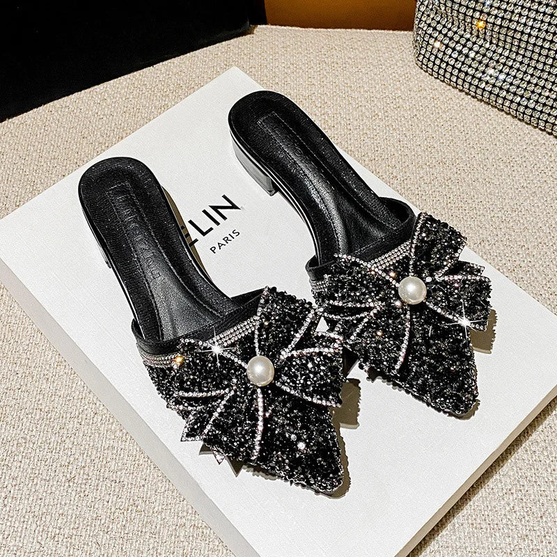 Sparkling Pearl Bow Black Heeled Slip-on Sandals