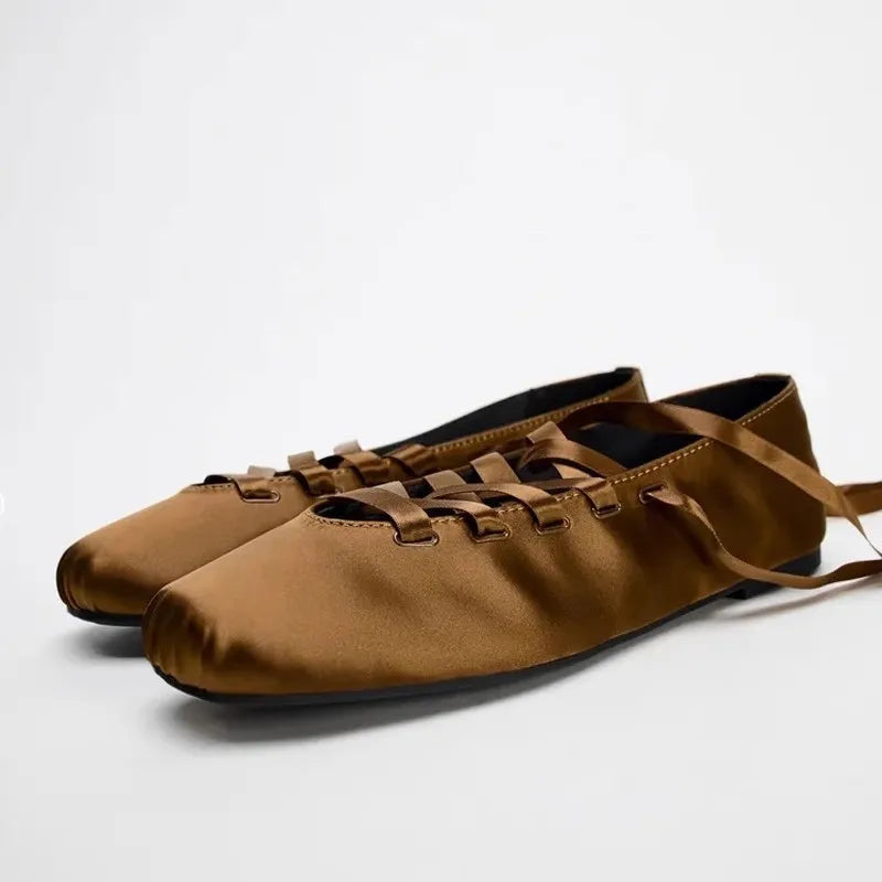 brown satin dress shoes Brown Satin Lace-up Ballet Dance Shoes