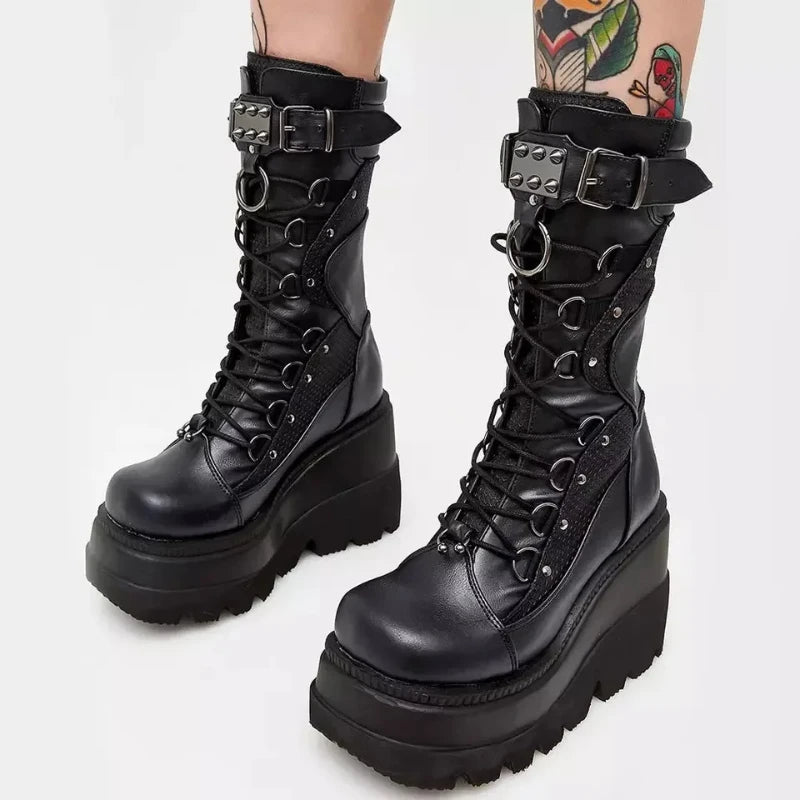 Black Chunky Platform Lace-up Goth Boots on Luulla - Main Image
