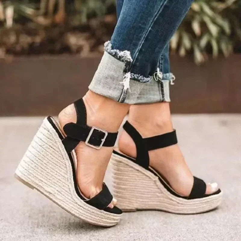 Stylish Black Espadrille Wedge Sandals With