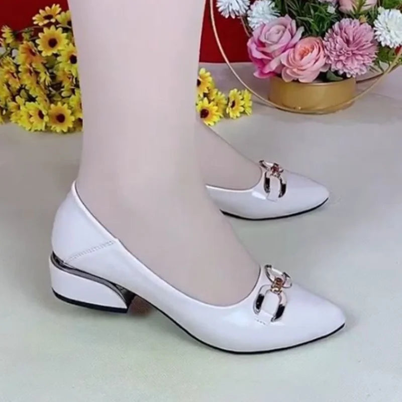 Womens Low Heel White Buckle Dress Shoes