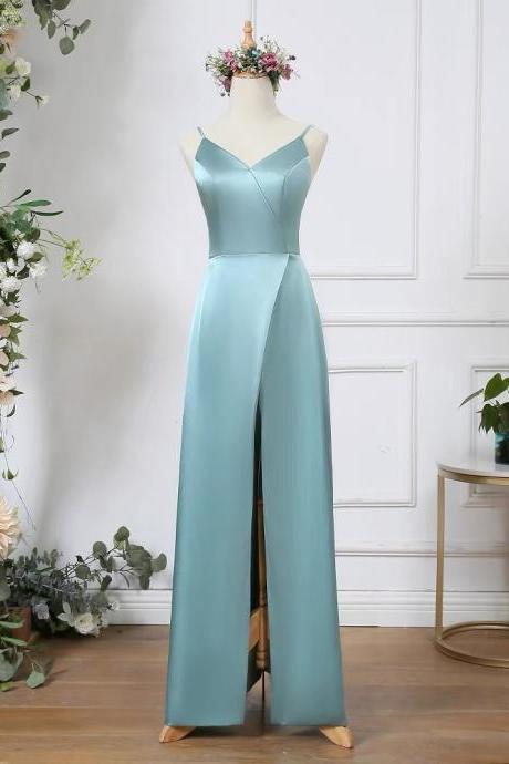 Satin Aqua Blue Bridesmaid Dresses Long For Women 2024 With Slit Spaghetti Straps A Line Formal Evening Party Gowns V Neck Simple Satin Wedding