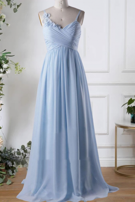 Sky Blue Chiffon Bridesmaid Dresses Long For Women 2024 Pleated A Line Flowers Ruched Wedding Guest Dresses Light Blue Formal Evening Gowns Flowy
