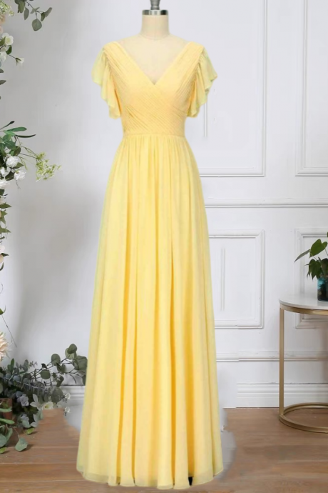 Yellow Ruffle Sleeve Bridesmaid Dresses Long For Girls V Neck Pleated A Line Chiffon Wedding Guest Dresses Ruched Flutter Sleeve Formal Maid Of