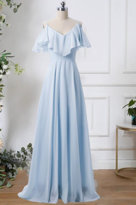 Sky Blue Chiffon Bridesmaid Dresses Long For Women 2025 Flutter Sleeve A Line Formal Evening Gowns Baby Blue Spaghetti Straps Maid Of Honor