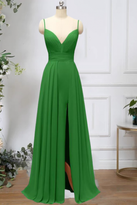 Green Chiffon Bridesmaid Dresses Long For Women 2025 With Slit Spaghetti Straps A Line Wedding Guest Party Dress Pleated Flowy Maid Of Honor