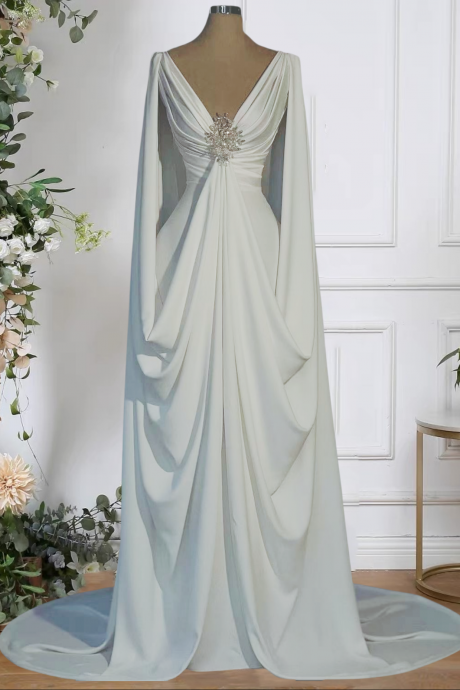 Elegant V Neck Wedding Dresses Long For Bride 2024 Drapped Pleated Crystal A Line Bridal Dresses Satin Wedding Gowns