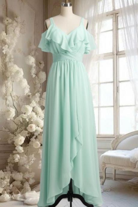 Mint Green Off The Shoulder Bridesmaid Dresses Long For Women 2025 Cold Shoulder V Neck Maid Of Honor Dresses Ruffle Pleated Chiffon Wedding
