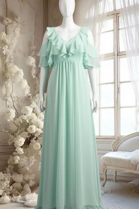 Mint Green Bridesmaid Dresses Long With Slit Ruffle Cold Shoulder A Line Chiffon Maid Of Honor Dresses V Neck Sage Wedding Guest Party Gowns