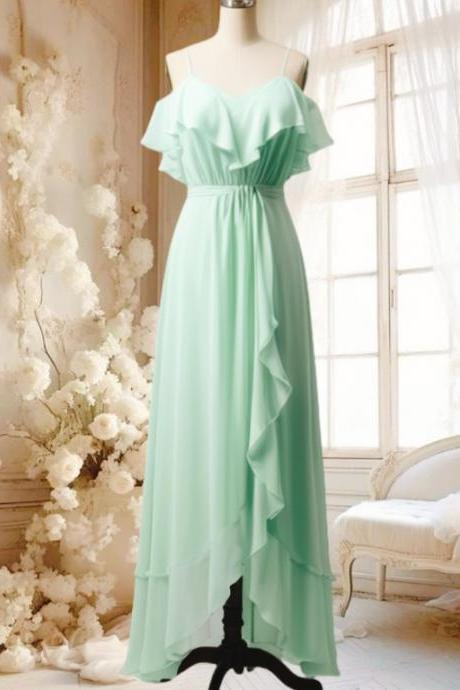 Mint Green Chiffon Bridesmaid Dresses Long For Women 2025 Side Slit A Line Ruffle Wedding Guest Party Dresses Cold Shoulder Draped Maid Of Honor