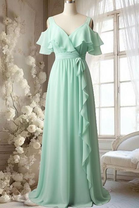 Cold Shoulder Ruffle Bridesmaid Dresses Long For Women 2025 Side Slit Draped Chiffon Maid Of Honor Dresses V Neck Off The Shoulder Wrapped