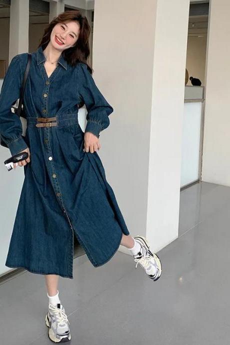 chinese dress ladies Button Denim Midi Pinafore Dress (Light Blue) main image 1