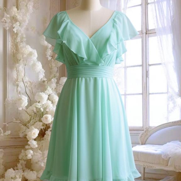 mint chiffon sleeve hook & eye bodycon dress Green Short Bridesmaid Dresses V Neck Ruffle A Line Maid Of Honor Dresses Flutter Sleev on Luulla FLORAL PRINT HALTER MINI black sparkle mini dress back invisible zip with Size:18w