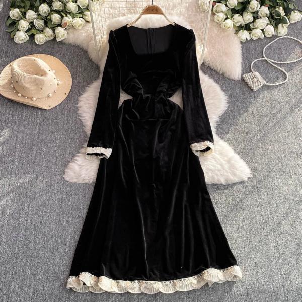 black velvet long sleeve dress Black Velvet Gothic Dress with Lace main image 1
