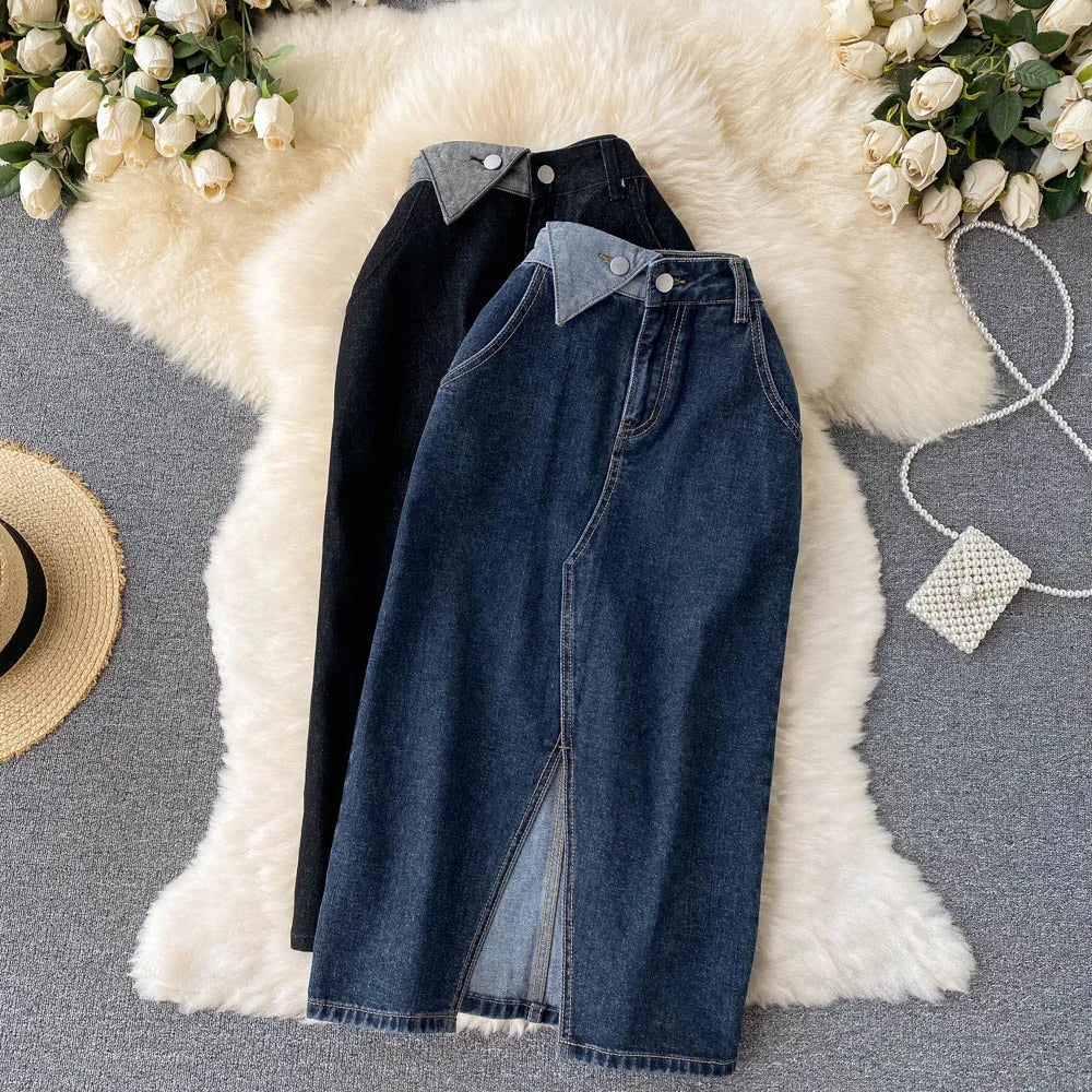 Womens Retro High-Waisted Casual Denim Midi Skirt