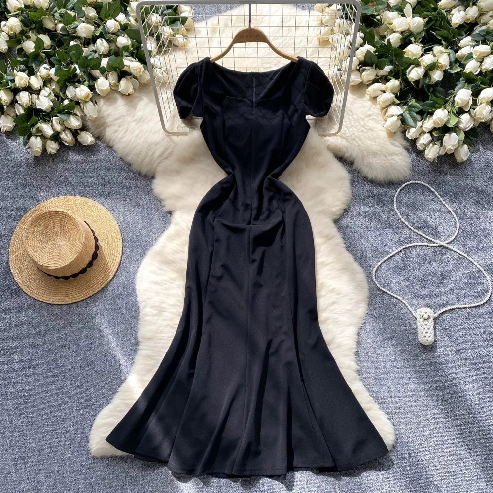 Elegant Black Satin Evening Dress With Sleeves on Luulla