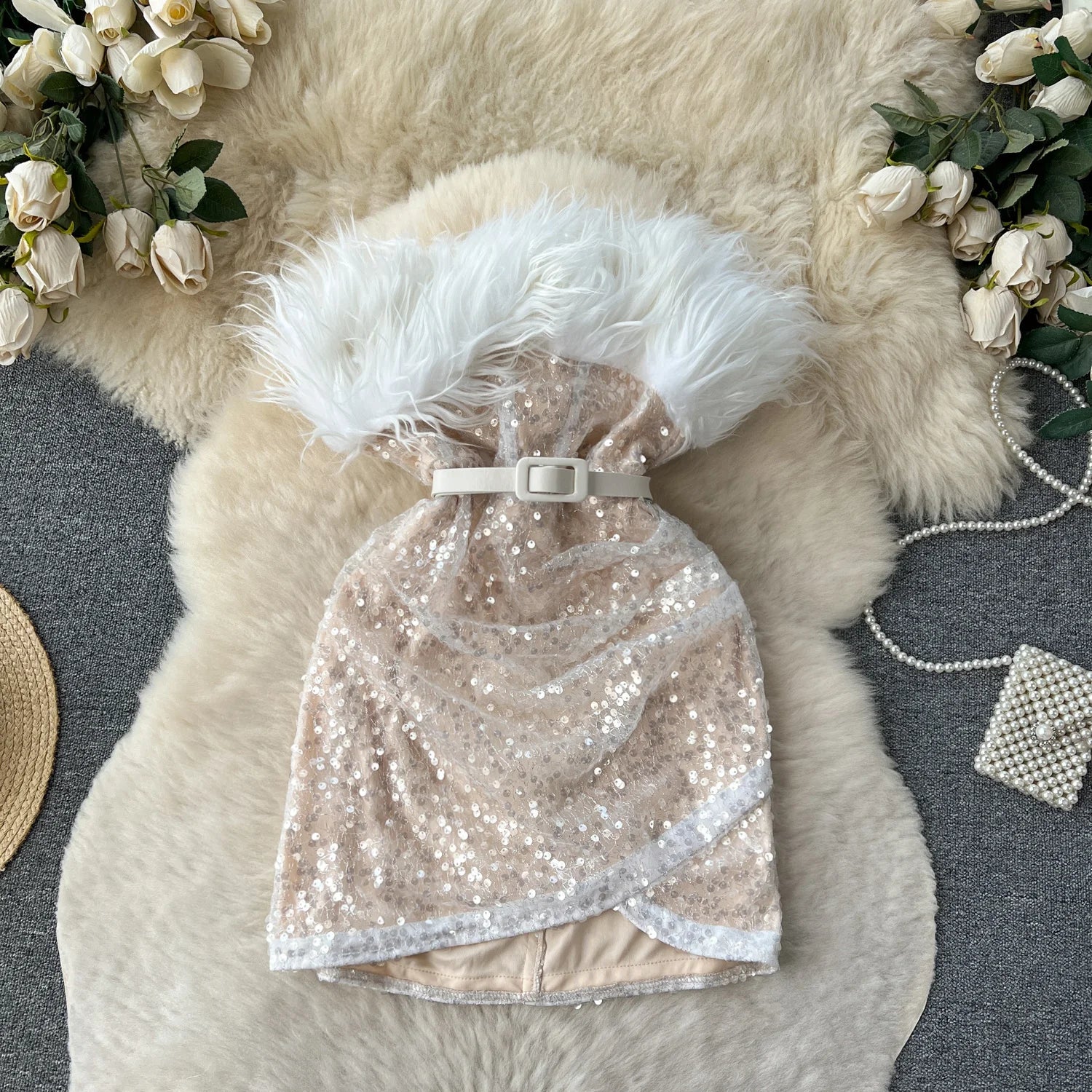 Sparkling Embellished Fur Collar Dress Collection on Luulla
