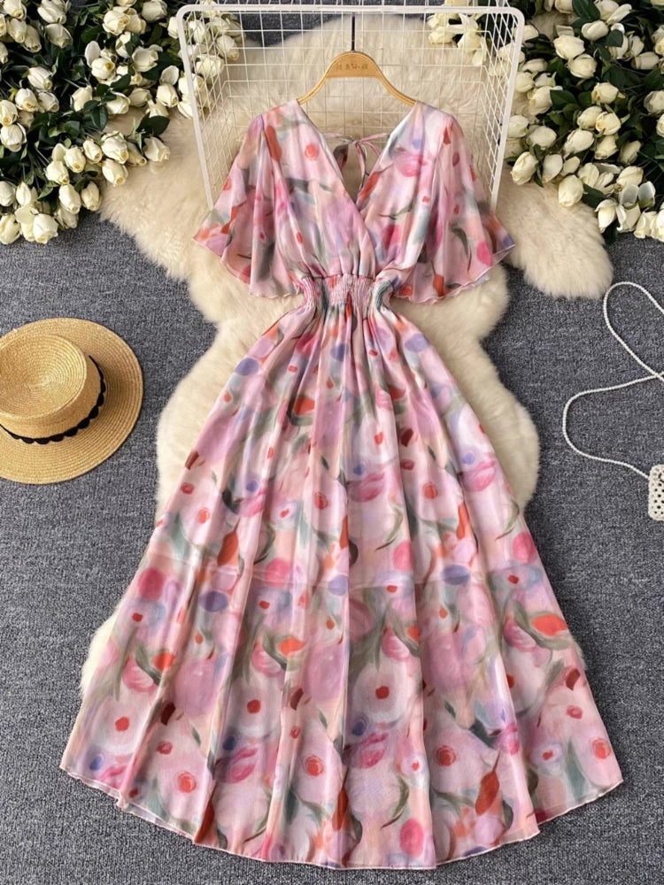 Women's Elegant Seasonal Maxi Summer Dress with Deep V-Neckline