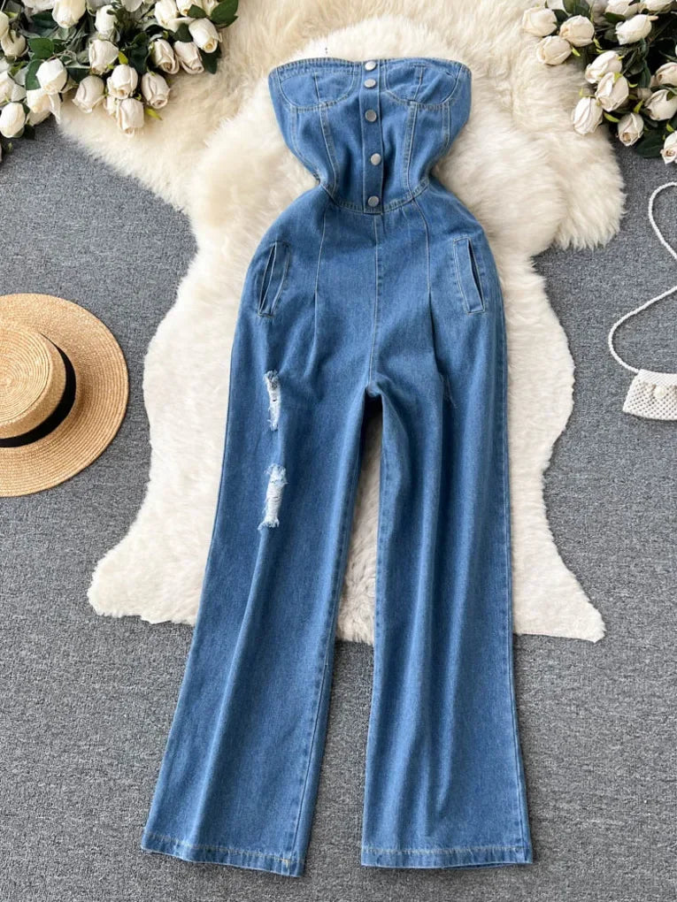 Strapless Denim Jumpsuit With Lace Up Back