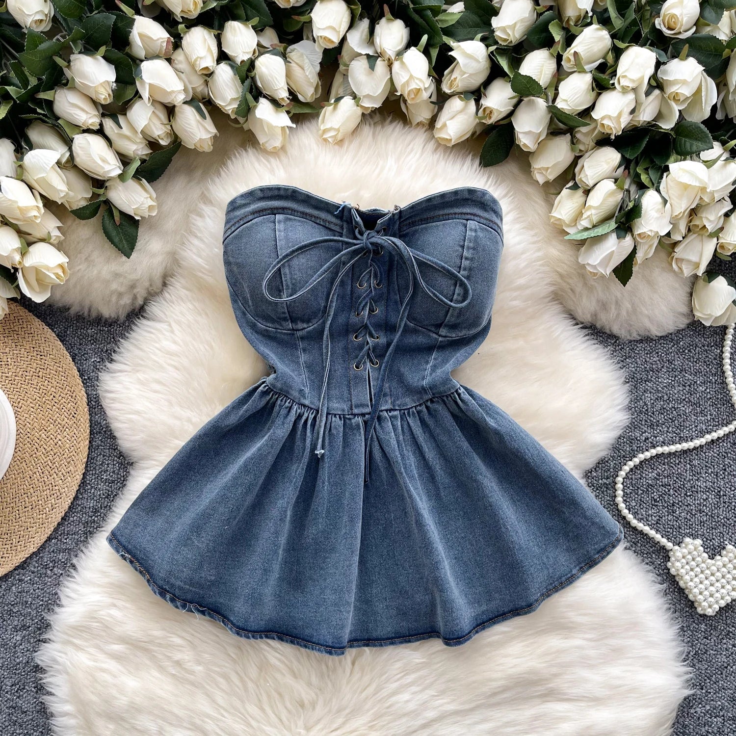 Denim Lace up Bustier Top With Flared Hem on Luulla