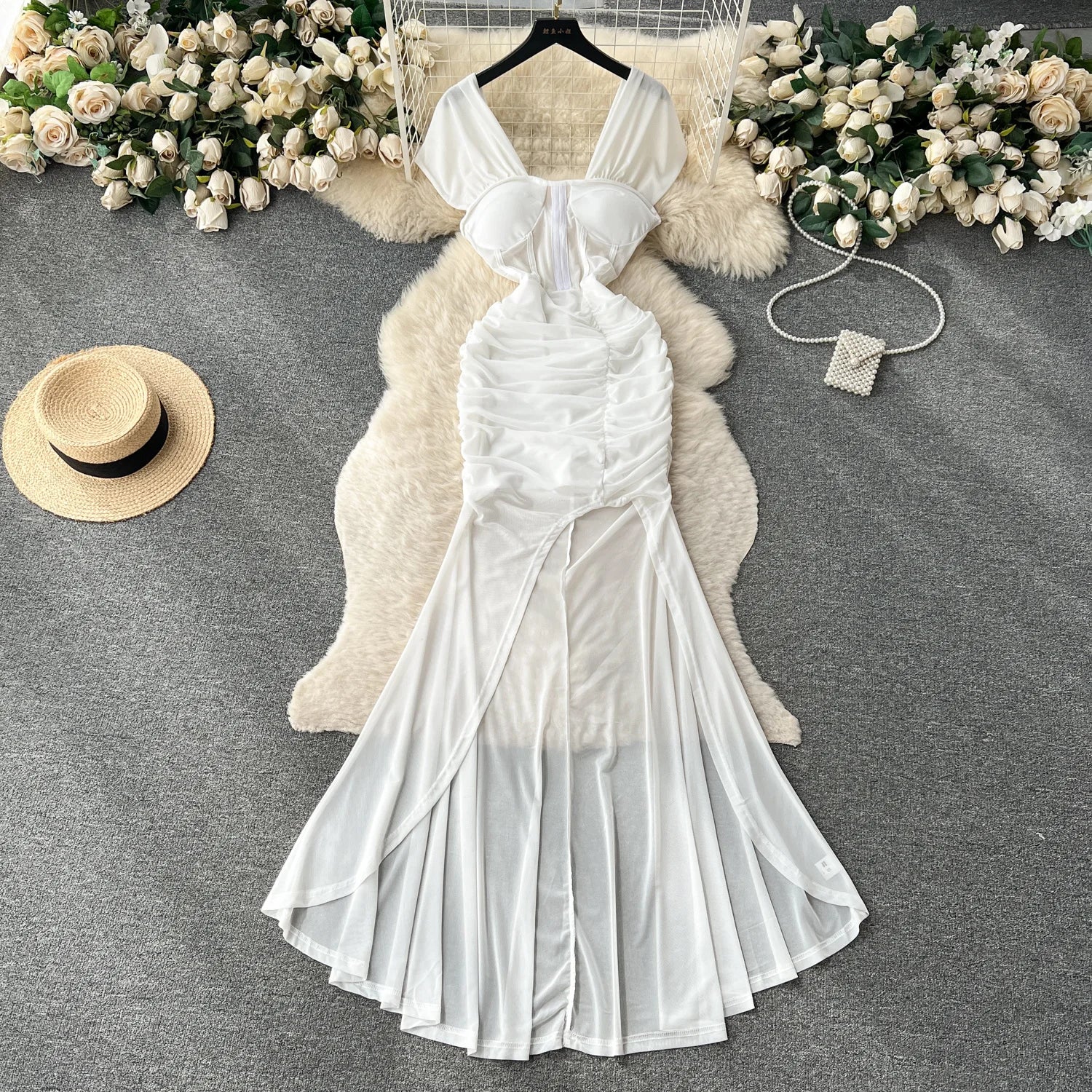 White Satin Prom Gown – Elegant Ruched Maxi Dress for Formal Events & Dinner Parties